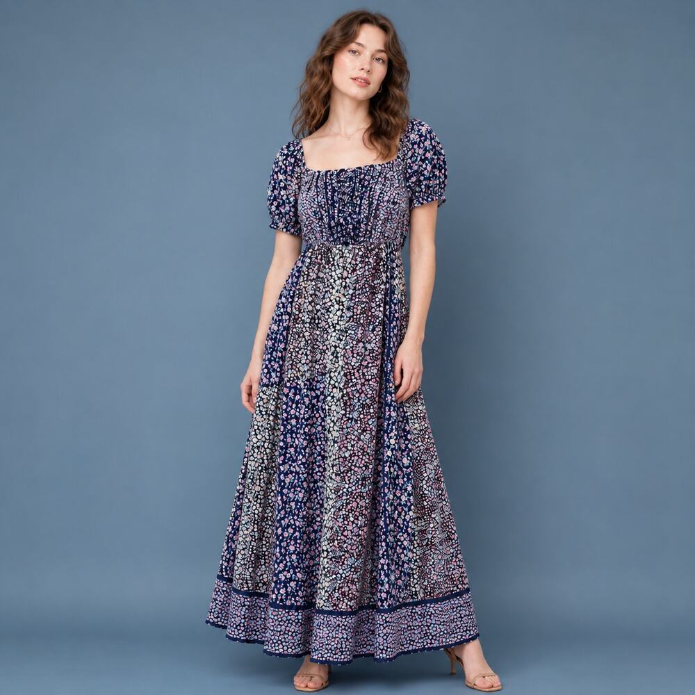 Lulus Neva Navy Floral Off Shoulder Maxi Dress M Wedding Guest Cottagecore Boho